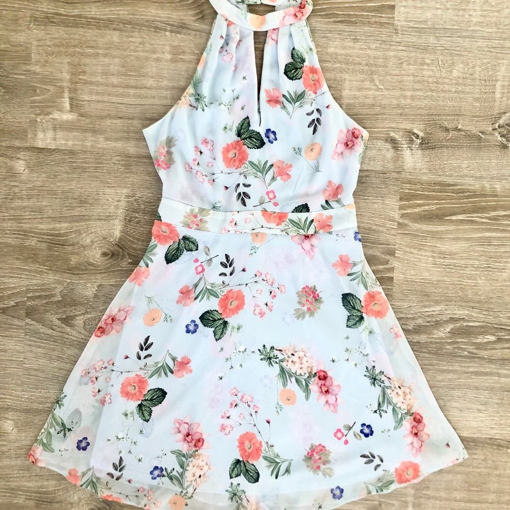 Express Blue Floral Chiffon Halter Fit & Flare Mini Dress Sunday Brunch Outfit